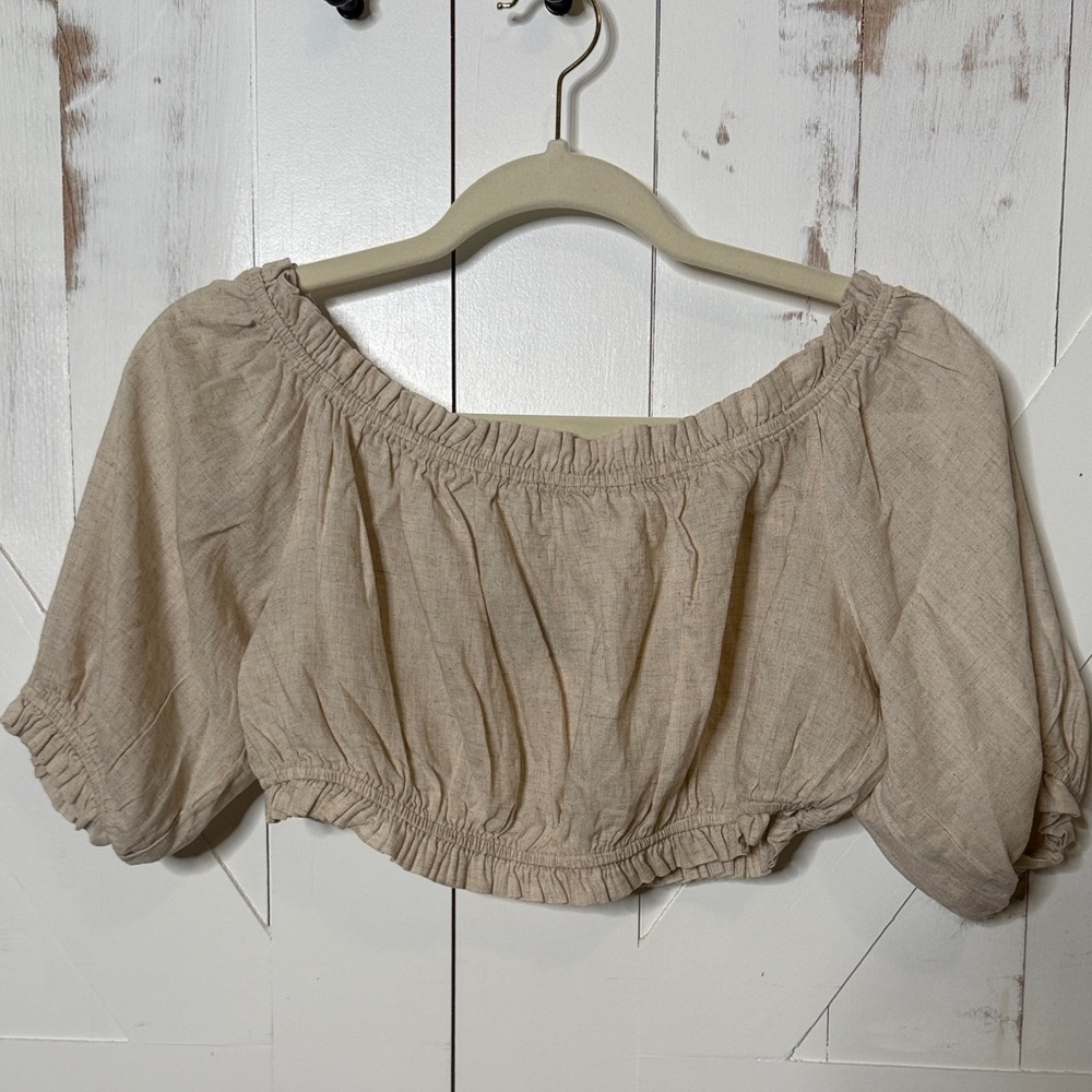 Linen Blend Off Shoulder Cropped Peasant Top